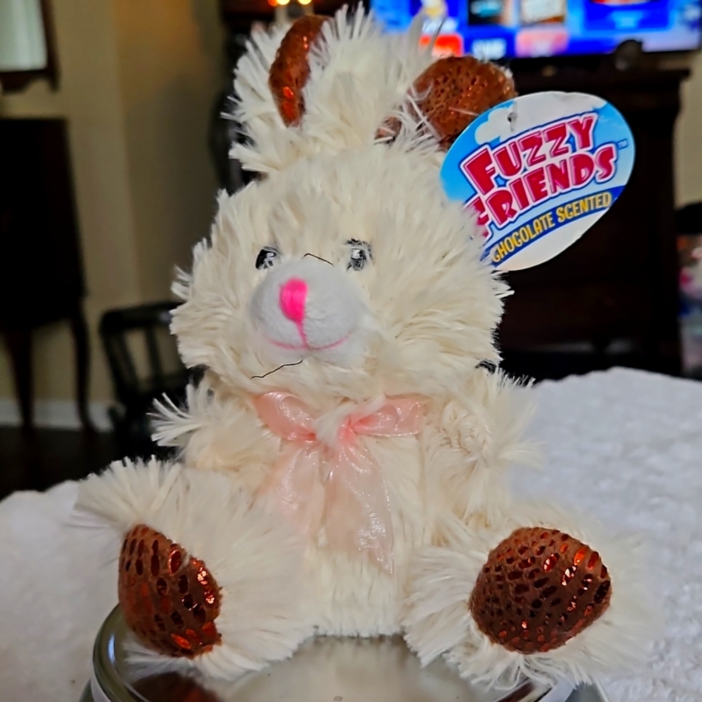 Fuzzy Friends Bunny.  Scented like chocolate. 8 in copper shiny ears and paws